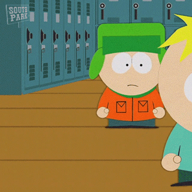 two south park characters are standing in front of lockers and a sign that says south park on it