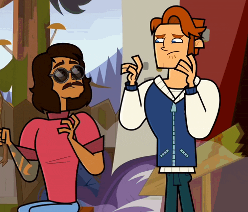 two cartoon characters are standing next to each other and one of them has a mustache