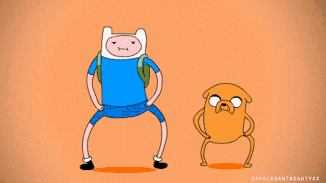 a cartoon of finn and jake from adventure time dancing