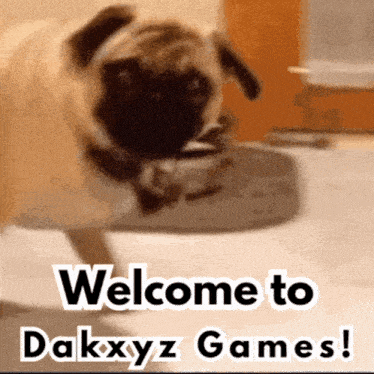 a picture of a pug with the words welcome to dakxyz games