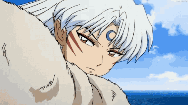 a cartoon character with white hair and a crescent moon on his forehead