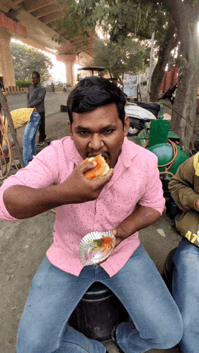 a man wearing a pink shirt is eating a sandwich on a paper plate
