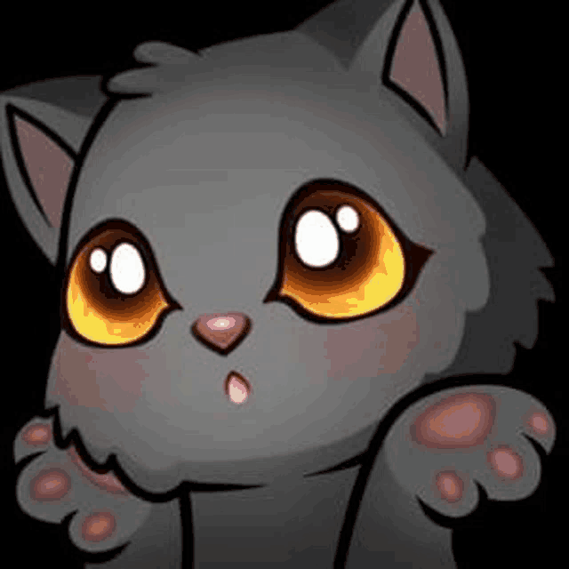 a cartoon cat with big orange eyes and a pink nose is sitting on a black background .