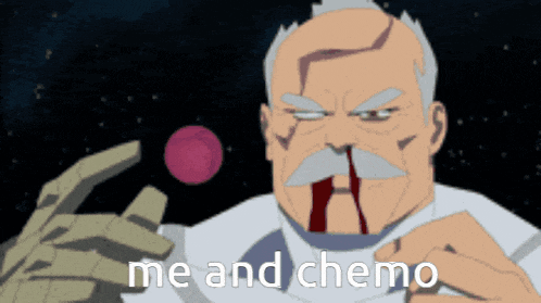 a cartoon of a man with blood coming out of his nose and the words me and chemo