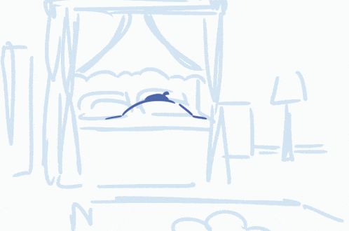 a blue and white drawing of a girl walking in front of a bed