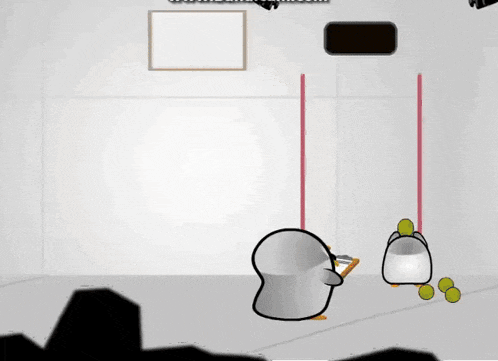 a cartoon of penguins playing a game with a red line between them