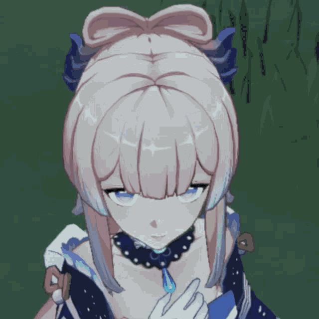a girl with pink hair and blue eyes is wearing a blue necklace