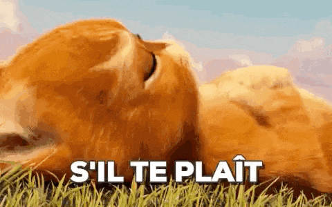 a cat is laying in the grass with its eyes closed and the words `` s 'il te plait '' .