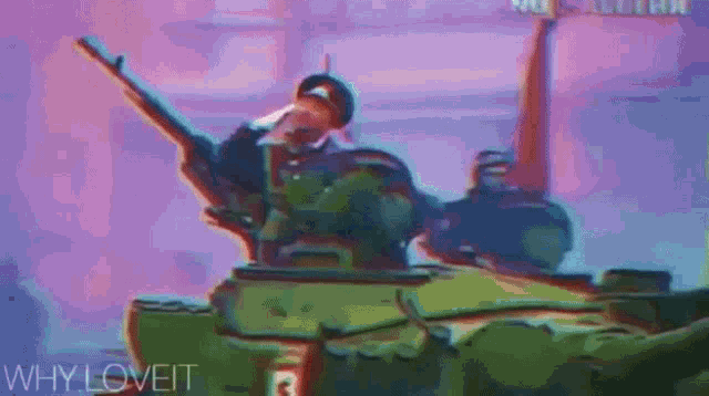 a man is holding a gun in a tank with the number 3 on it