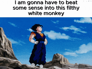 a picture of a cartoon character with a caption that says " i am gonna have to beat some sense into this filthy white monkey