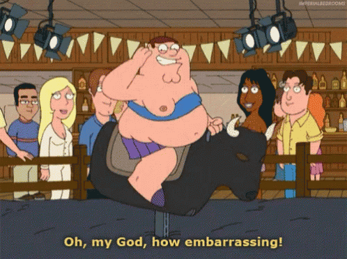 a cartoon of a man riding a bull with the words oh my god how embarrassing below him