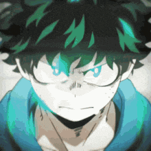 a close up of a cartoon character with green hair and blue eyes