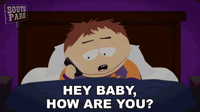 a south park character talking on a cell phone in bed