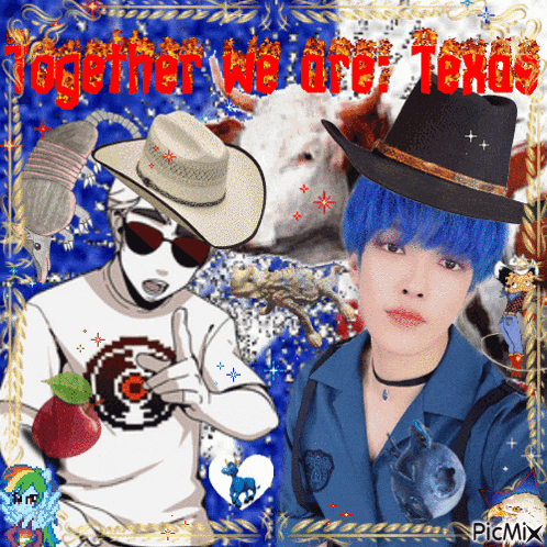 a picture of a boy with blue hair wearing a cowboy hat with the words together we are texas