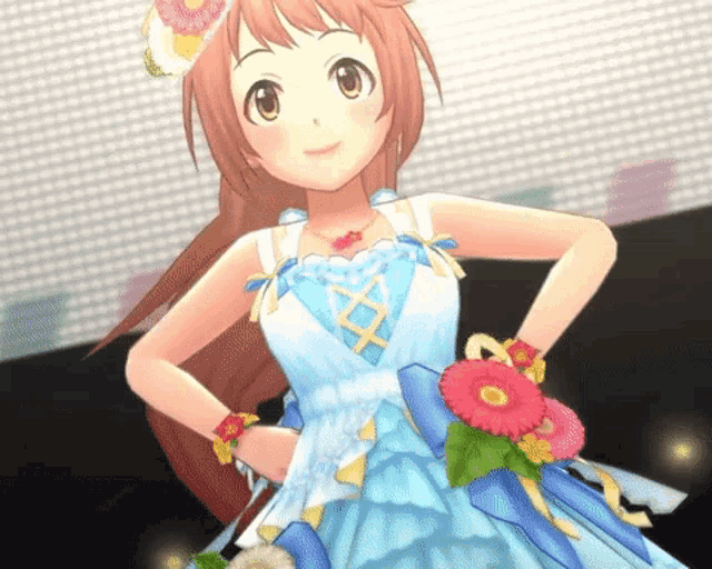 a girl in a blue dress with flowers around her wrists