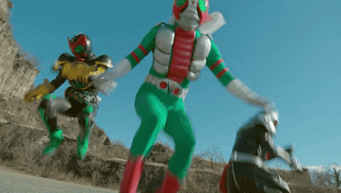 a group of superheros are jumping in the air with a blue sky in the background