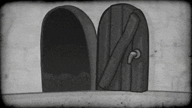 a black and white drawing of two arched doors with the letter m visible