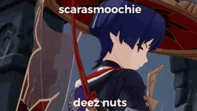 a cartoon character with the words scarasmoochie deez nuts