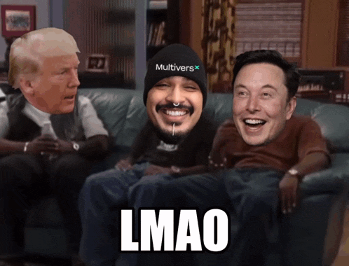 donald trump elon musk and a man with a beanie that says multivers are sitting on a couch