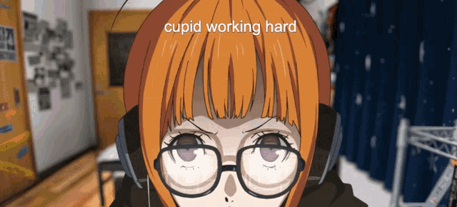 a cartoon of a girl wearing glasses and headphones with the words cupid working hard above her
