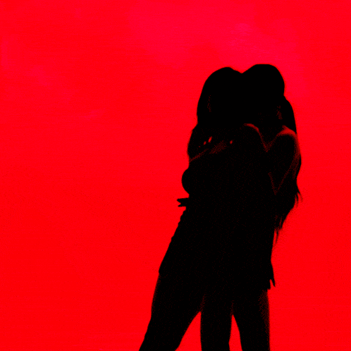 a silhouette of two women hugging against a red background