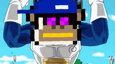 a cartoon character wearing a blue hat and pink sunglasses