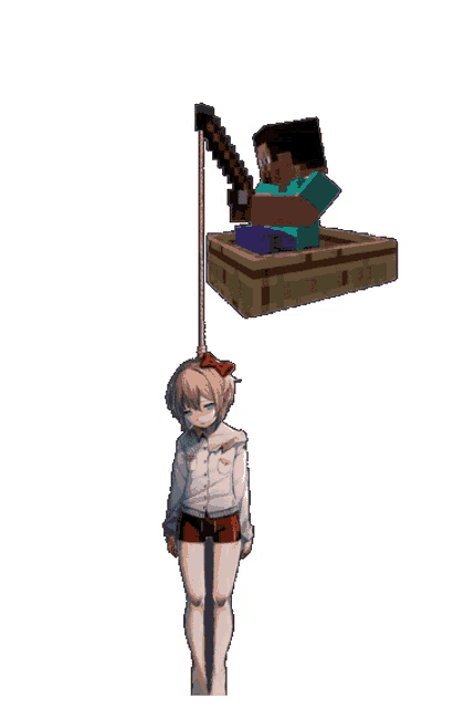 a girl is hanging from a fishing hook next to a minecraft character holding a sword