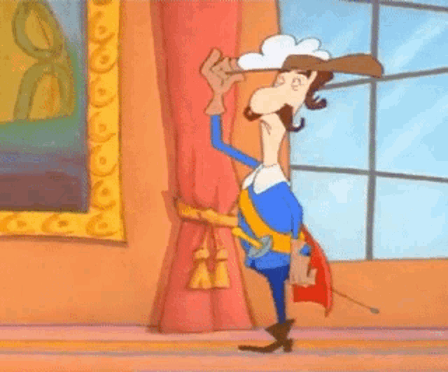 a cartoon character is standing next to a window holding a sword and looking through a telescope .