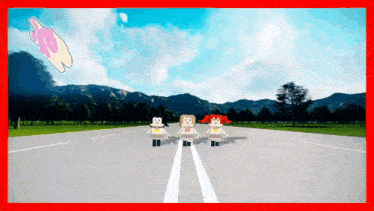three cartoon characters are standing on a road with mountains in the background and a kite in the sky