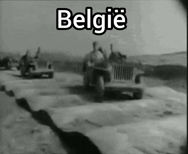 a black and white photo of a jeep with the word belgie above it