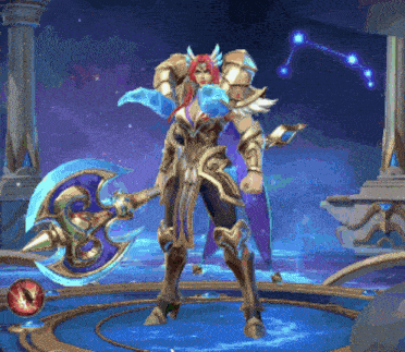 a woman in armor is holding an axe in a video game .