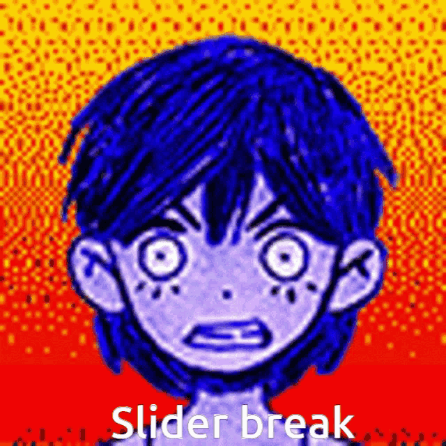 a drawing of a boy with blue hair and the words " slider break " on the bottom