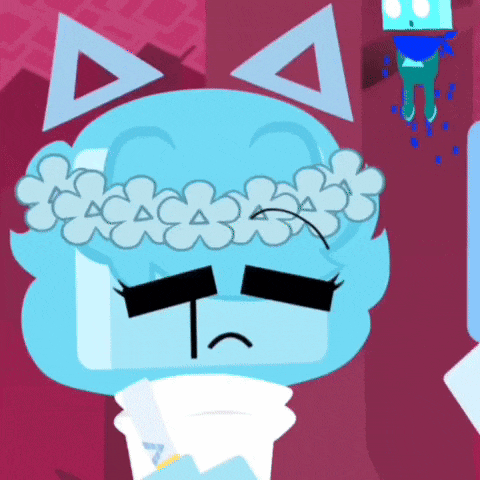a blue cartoon character with flowers on her head