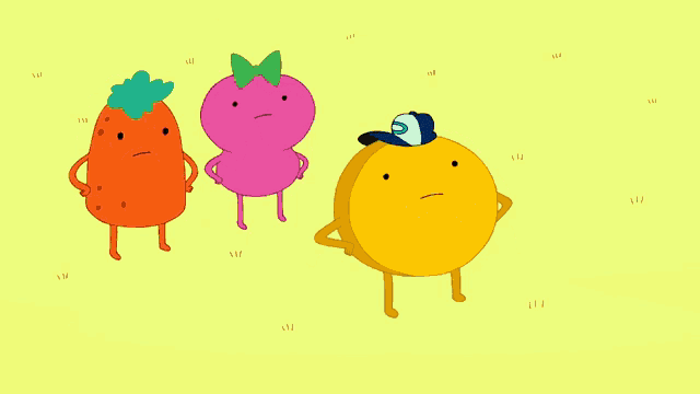 three cartoon characters are standing on a yellow background