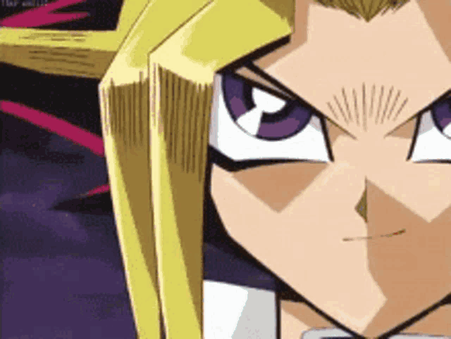 a close up of a anime character 's face with purple eyes