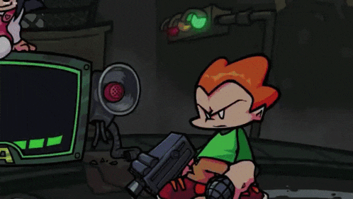 a cartoon character is holding a gun and a girl is holding a knife in a video game