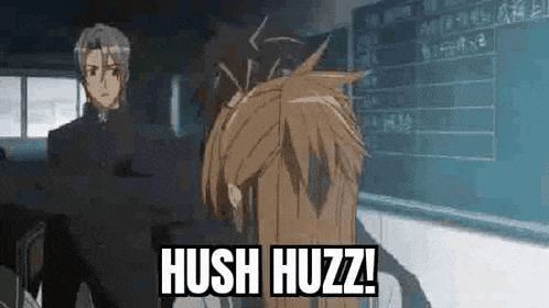 a man is standing next to a boy in front of a blackboard and says hush huzz .