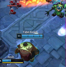 a screenshot of a video game with a character named akali and tahm kench