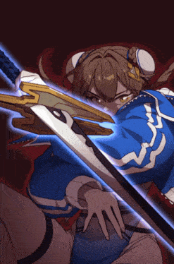 a girl in a blue jacket is holding a sword in her hand