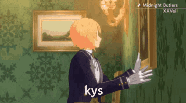 a man in a tuxedo is standing in front of a painting with the word kys on the bottom