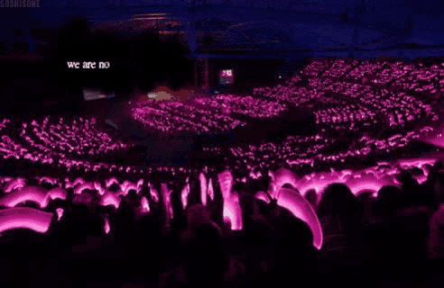 a crowd of people are standing in a stadium with pink lights and a sign that says `` we are sone '' .