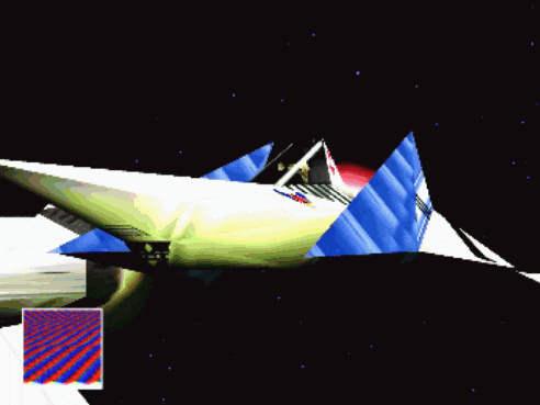 a computer generated image of a space ship with a red and white triangle on the side