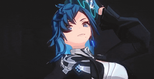 a blue haired anime character with a sword
