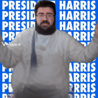 a man with a beard is standing in front of a blue background that says harris on it
