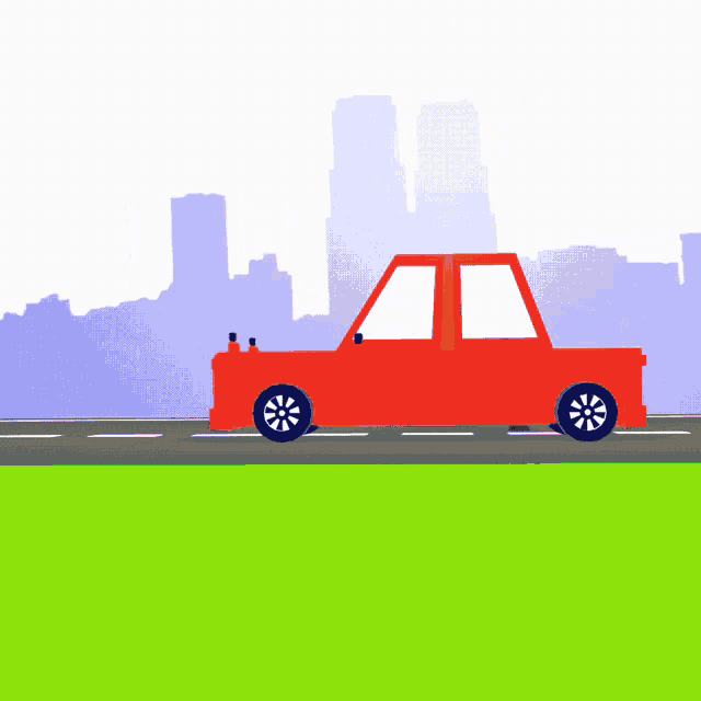 a red car is driving down a road in front of a city skyline