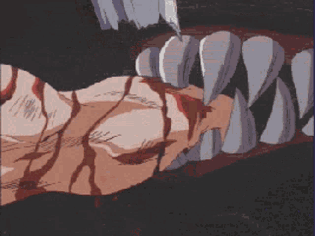 a cartoon drawing of a monster 's mouth with teeth and blood coming out of it