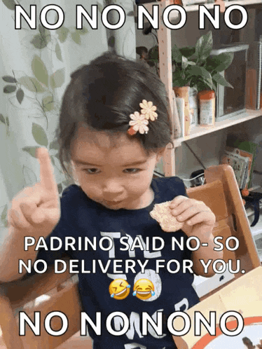 a little girl giving a thumbs up with the caption no no no