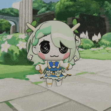 a cartoon character with green hair and horns stands on a sidewalk