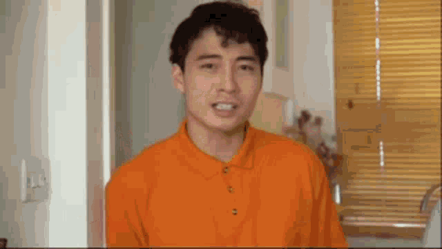 a young man wearing an orange shirt is standing in front of a window .
