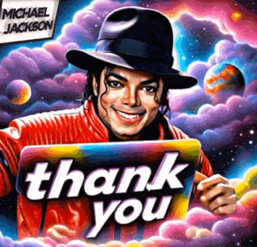 a painting of michael jackson holding up a thank you sign